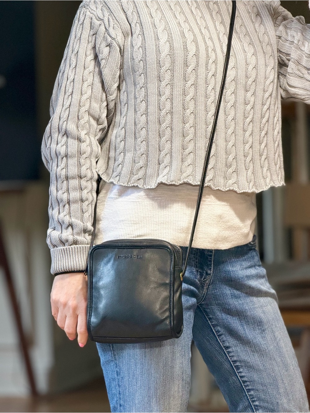 Liz Claiborne Vintage 1980’s Minimalist Mini Leather Crossbody Bag Black EVC
